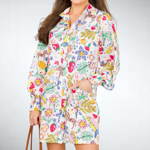 Fate Tropical Print Button Down Mini Dress in White Size S